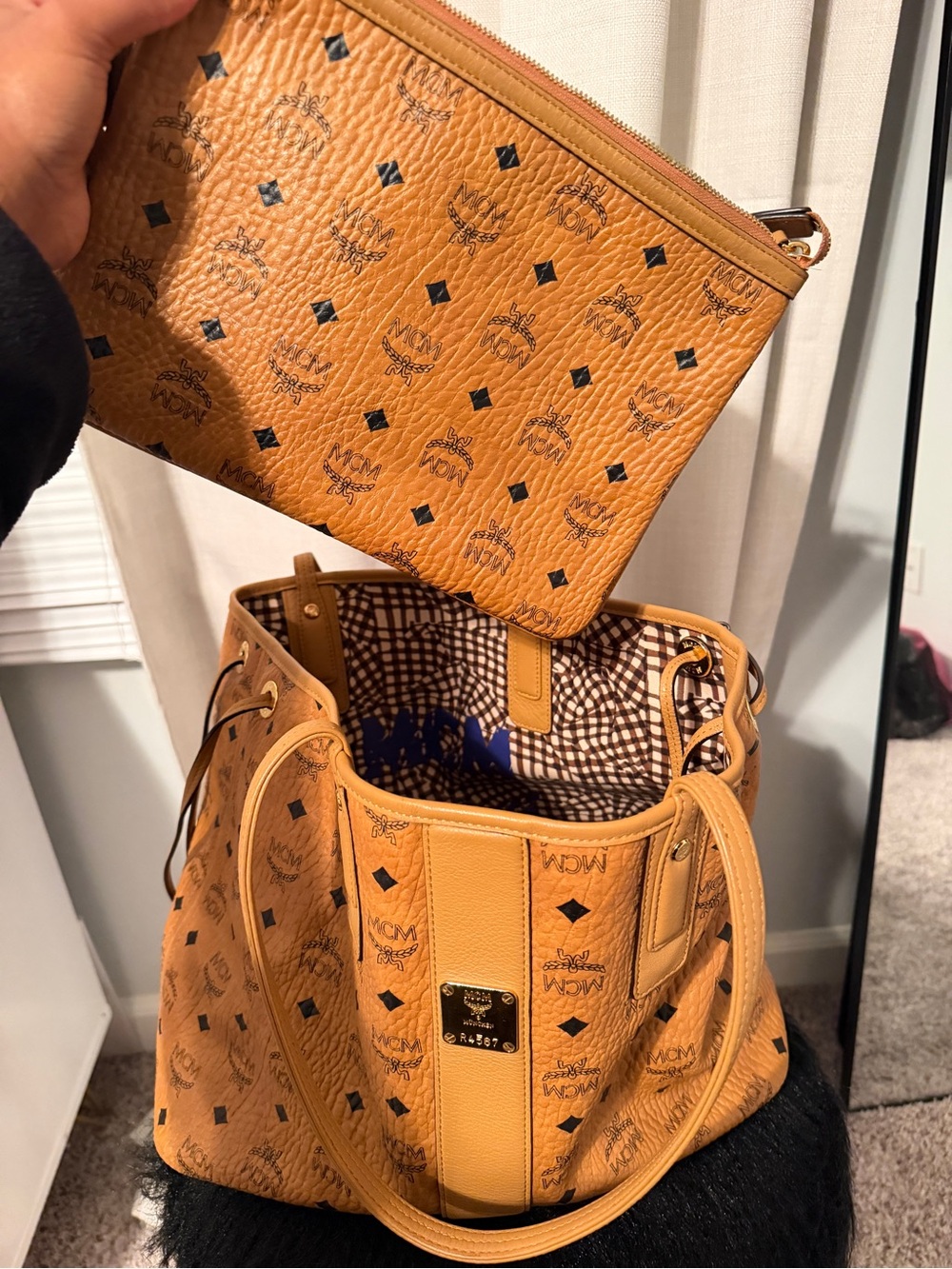 MCM Cognac Visetos Drawstring Shoulder Bag with Pouch